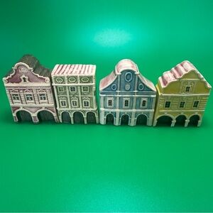 Set of 4 Miniature Handmade European Ceramic Houses – Signed Pottery Figurines